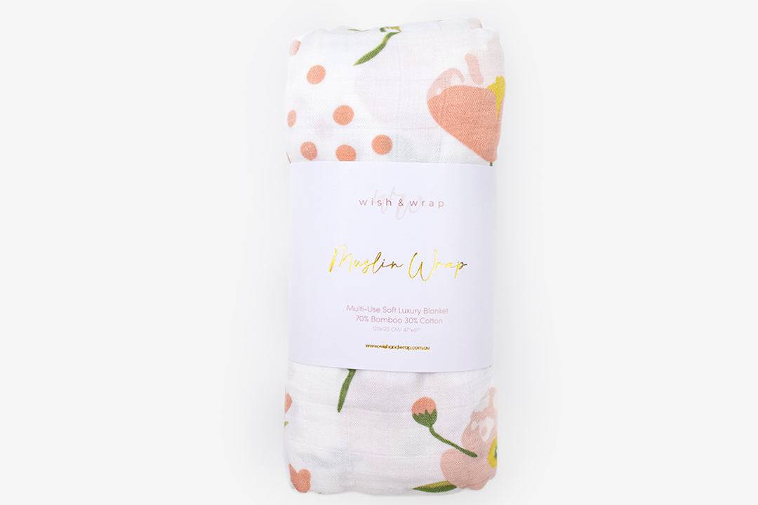 Premium Organic Muslin Wrap - Pink Flowers - Wish & Wrap